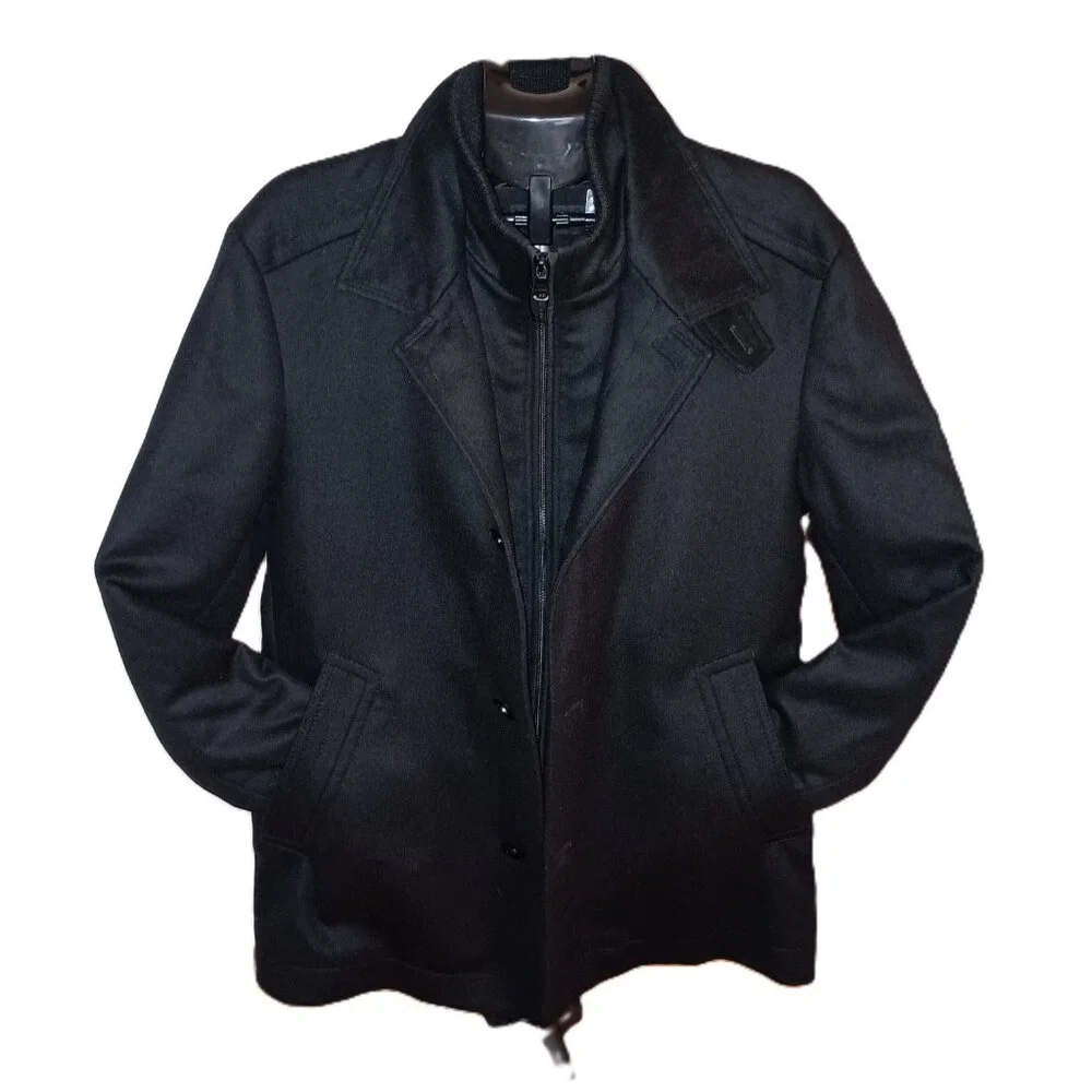 Hugo Boss Wool Cashmere Coat with Inner Bib & Ribbed Collar Size 40R EUC - Picture 2 of 16